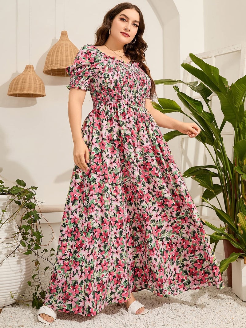 MakeMeChic Women's Plus Size Boho Floral Maxi Dress Curvy Short Sleeve Shirred Squared Neck Flomal Long Dress Multicolored 2XL - Image 4