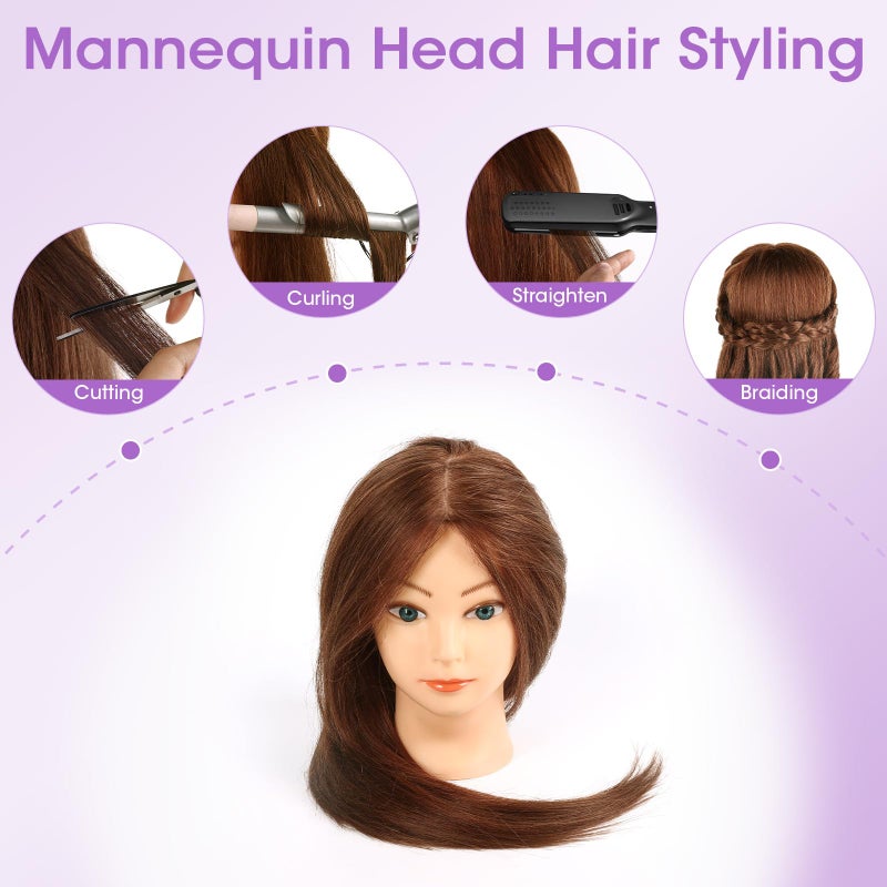 TopDirect Mannequin Head with 100% Human Hair,18'' Real Hair Cosmetology Mannequin Manikin Head Hair Styling Hairdressing Practice Training Doll Head with Clamp Holder and Tools (Dark Brown Blue Eyes) - Image 4