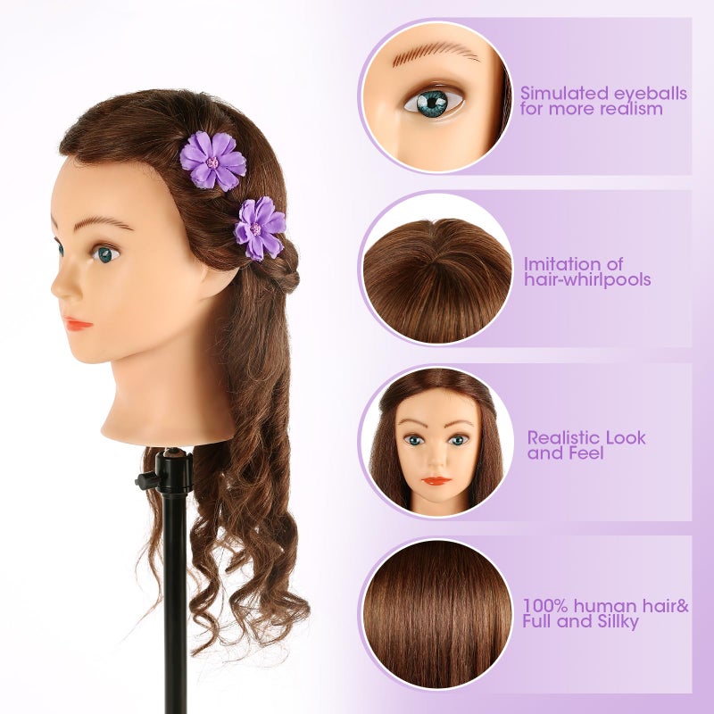 TopDirect Mannequin Head with 100% Human Hair,18'' Real Hair Cosmetology Mannequin Manikin Head Hair Styling Hairdressing Practice Training Doll Head with Clamp Holder and Tools (Dark Brown Blue Eyes) - Image 5