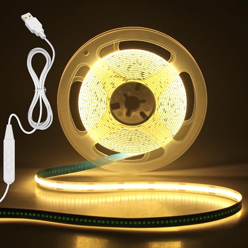Aclorol COB LED Strip Lights Warm White 3000K 13.12ft/4M 5V Dimmable USB LED TV Backlight with Dimmer Flexible and Cuttable Lights for Kitchen Under Cabinet Cupboard Bedroom Wardrobe 320LEDs/M CRI85+ - Image 1