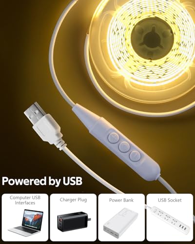 Aclorol COB LED Strip Lights Warm White 3000K 13.12ft/4M 5V Dimmable USB LED TV Backlight with Dimmer Flexible and Cuttable Lights for Kitchen Under Cabinet Cupboard Bedroom Wardrobe 320LEDs/M CRI85+ - Image 2