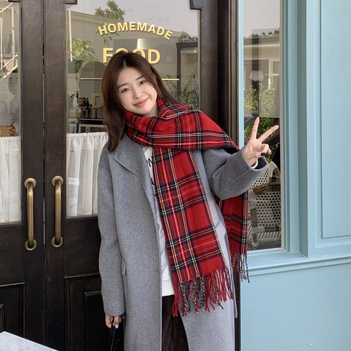 Gentle Christmas Style Ins Pink Girl Tassel Scarf Women'S Winter Plaid Shawl Korean Style All-Match Thickened Scarf - Image 3