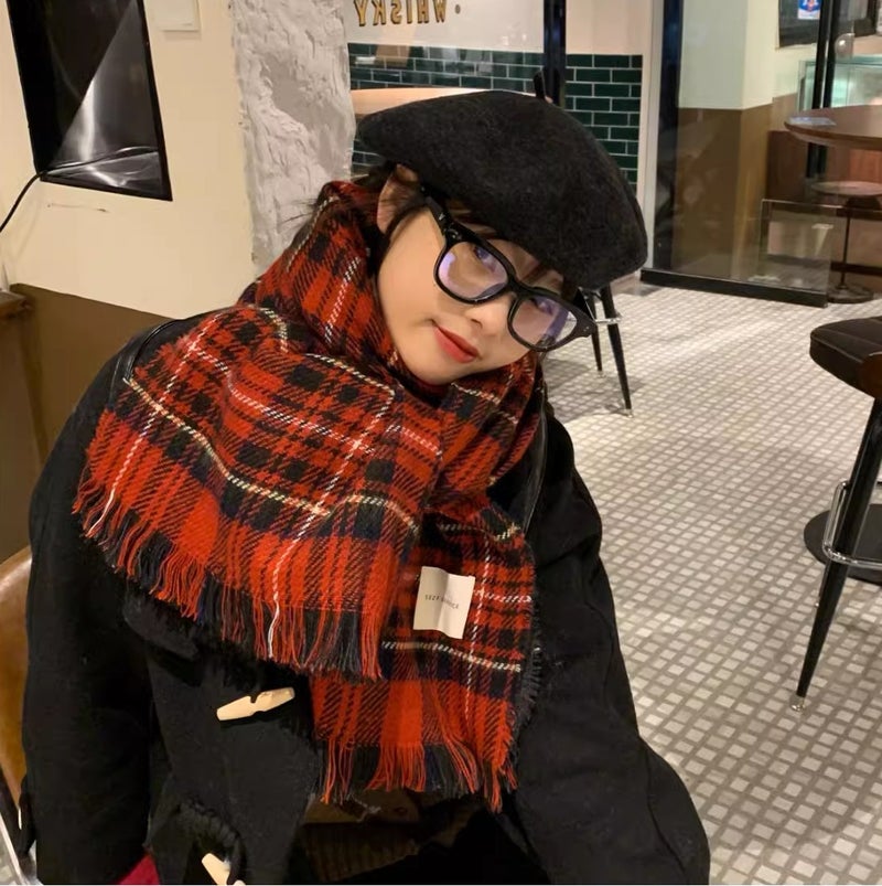 Gentle Christmas Style Ins Pink Girl Tassel Scarf Women'S Winter Plaid Shawl Korean Style All-Match Thickened Scarf - Image 2