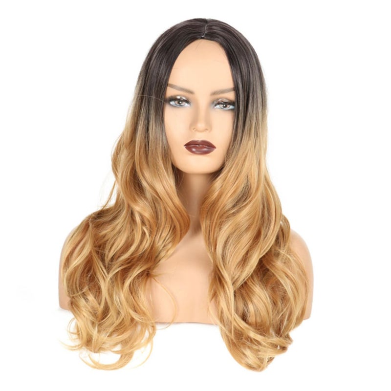 Abaodam Stylish Mid-part Long Curly Gradient Wig for Women, Realistic Fashion Hairpiece, Black to Light Gold Ombre, Suitable for Daily Wear and Special Occasions - Image 5