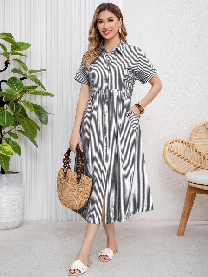 ebossy Women's Boho Striped Shirt Dress Button Up Side Slit Loose Mid Long Cotton Dress with Pockets (XS, Black) - Image 3