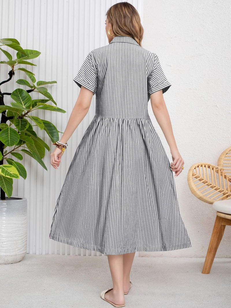 ebossy Women's Boho Striped Shirt Dress Button Up Side Slit Loose Mid Long Cotton Dress with Pockets (XS, Black) - Image 4