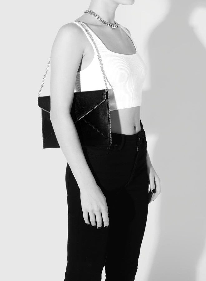 Rebecca Minkoff Leo Envelope Clutch Purse, Women's Leather Small Evening Bag, Black/Gold - Image 3