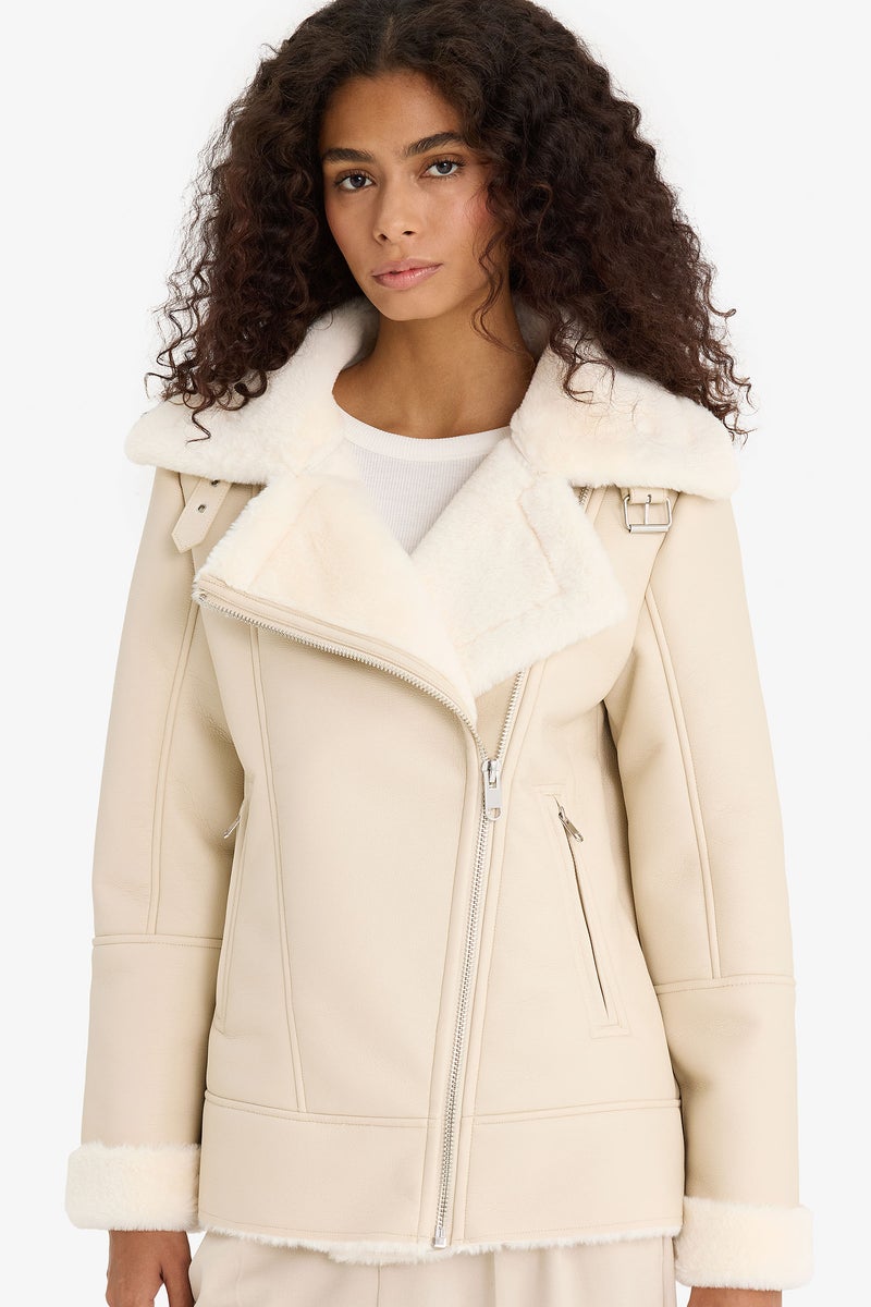 DeFacto Beige Woman Waterproof Oversize Fit Faux Fur Lined Suede Faux Leather Jacket Casual - Image 1
