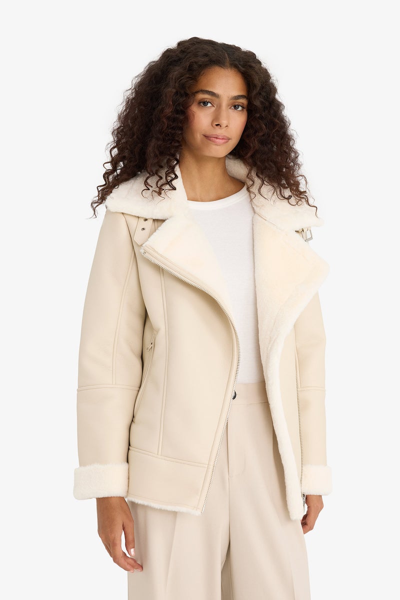 DeFacto Beige Woman Waterproof Oversize Fit Faux Fur Lined Suede Faux Leather Jacket Casual - Image 4