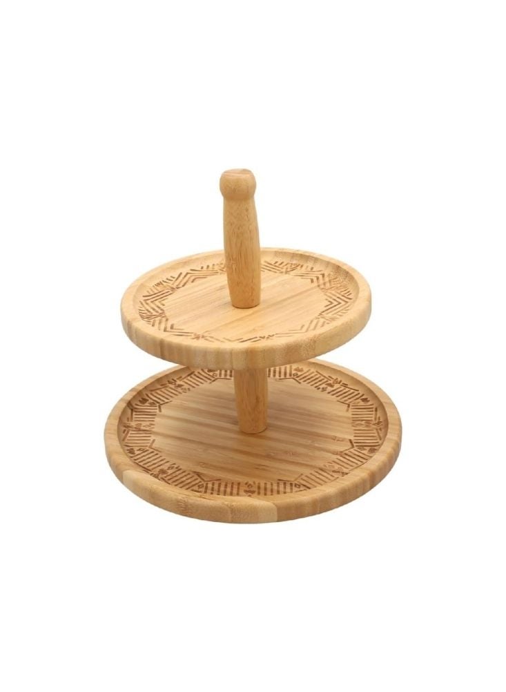 Bamboo 2-Tier Bamboo Display Stand – Tribal Engraved Pattern – Round Design