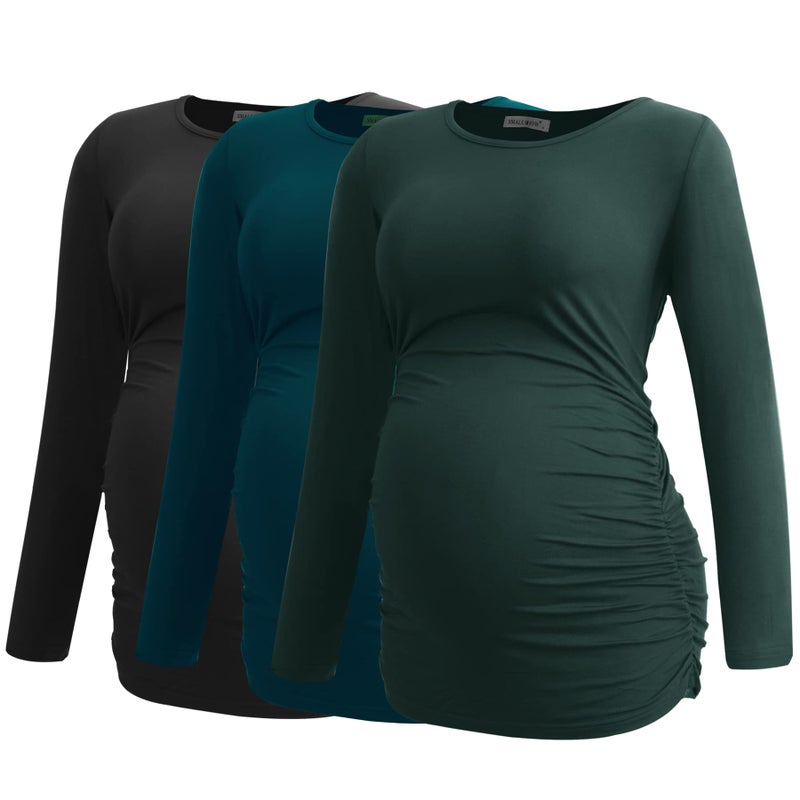 Smallshow Womens Maternity Shirts Long Sleeve Pregnancy Clothes Tops 3Pack Small BlackDeep GreenTeal