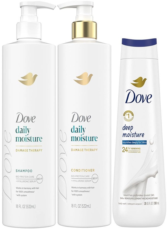 Dove مجموعة شامبو وبلسم دوف للترطيب اليومي مع غسول الجسم العميق - ترطيب عميق لإنعاش الشعر والبشرة الجافة (مجموعة من 3 قطع) - Image 1