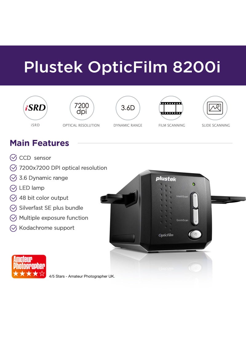 Plustek Plustek OpticFilm 8200i SE , 35mm Film & Slide Scanner. 7200 dpi / 48-bit Output. Integrated Infrared Dust/Scratch Removal. Bundle Silverfast SE Plus 9 , Support Mac and PC.  - Image 2