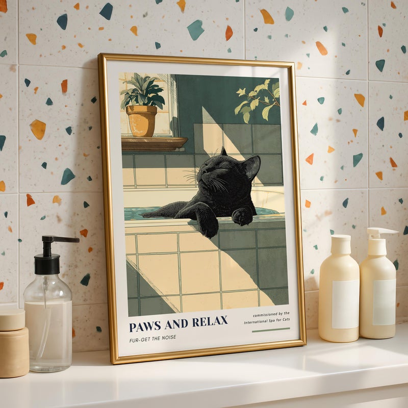 TNESSENTIAL Black Cat Relaxing in Bathtub Wall Art - “Paws and Relax” Bathroom Poster. Cat Wall Art, Spa Bathroom Decor, Cat Lovers Gift, Dopamine Decor - Image 2