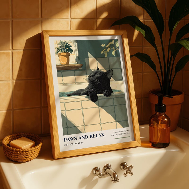 TNESSENTIAL Black Cat Relaxing in Bathtub Wall Art - “Paws and Relax” Bathroom Poster. Cat Wall Art, Spa Bathroom Decor, Cat Lovers Gift, Dopamine Decor - Image 5