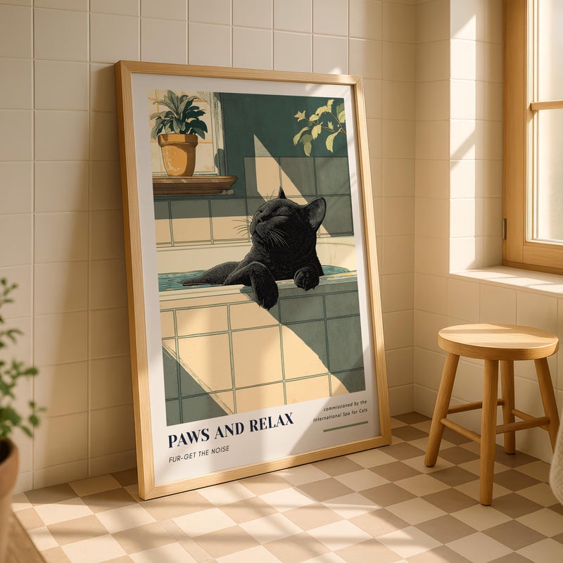 TNESSENTIAL Black Cat Relaxing in Bathtub Wall Art - “Paws and Relax” Bathroom Poster. Cat Wall Art, Spa Bathroom Decor, Cat Lovers Gift, Dopamine Decor - Image 1