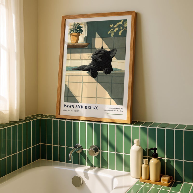 TNESSENTIAL Black Cat Relaxing in Bathtub Wall Art - “Paws and Relax” Bathroom Poster. Cat Wall Art, Spa Bathroom Decor, Cat Lovers Gift, Dopamine Decor - Image 4