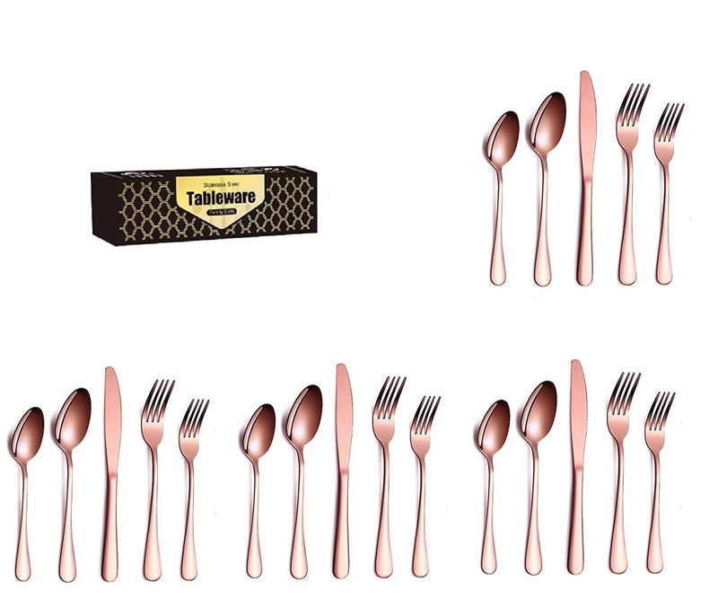 Kolorful Combo Set of 20 Premium Rose Gold Cutlery Stainless Steel Luxury Dinnerware Tableware Round Edge Serving Spoon Fork Knife Reusable Mirror Finish for Home Kitchen Dining Table and Gift - Image 1