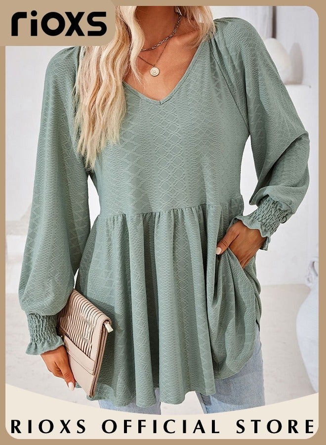 RIOXS Women's V Neck Tops, Classic Comfortable Long Sleeve Tunic Blouses with Unique Dsign, Elegant Comfortable Loose Fit Blouses, Suitable for a Casual Everyday Look, Formal, and Other Occasions  - Image 2