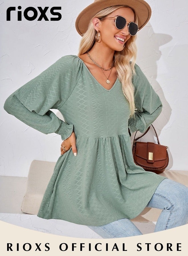 RIOXS Women's V Neck Tops, Classic Comfortable Long Sleeve Tunic Blouses with Unique Dsign, Elegant Comfortable Loose Fit Blouses for Casual Everyday Look, Formal - Image 3