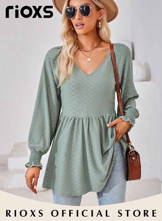 RIOXS Women's V Neck Tops, Classic Comfortable Long Sleeve Tunic Blouses with Unique Dsign, Elegant Comfortable Loose Fit Blouses for Casual Everyday Look, Formal - Image 4