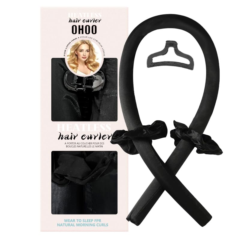 OHOO Satin Heatless Hair Curler Set Hair Rollers No Heat Curlers Curling Rod Headband with Hair Ties Clip Black - Image 1