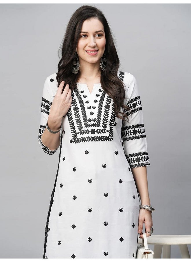 آني ديزاينر - قميص كورتا مستقيم مطرز من مزيج القطن للنساء من ANNI DESIGNER (Stho-White-Nw2_S_White_Small) - Image 1