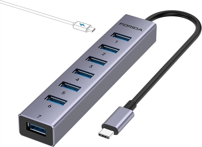 FORIDA USB C Hub-8 Port USB HUB with 7 USB3.0 Data Ports,Aluminum Alloy USBC Splitter with Type C 5V/3A Power Port Compatible with MacBook, iPad, Surface Pro, XPS, Laptop,PC (Gray,USB C-9.8in) - Image 1