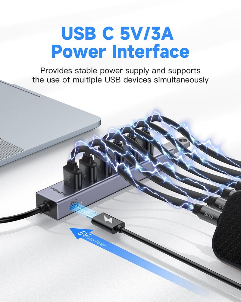 FORIDA USB C Hub-8 Port USB HUB with 7 USB3.0 Data Ports,Aluminum Alloy USBC Splitter with Type C 5V/3A Power Port Compatible with MacBook, iPad, Surface Pro, XPS, Laptop,PC (Gray,USB C-9.8in) - Image 3
