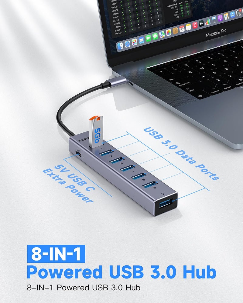 FORIDA USB C Hub-8 Port USB HUB with 7 USB3.0 Data Ports,Aluminum Alloy USBC Splitter with Type C 5V/3A Power Port Compatible with MacBook, iPad, Surface Pro, XPS, Laptop,PC (Gray,USB C-9.8in) - Image 2