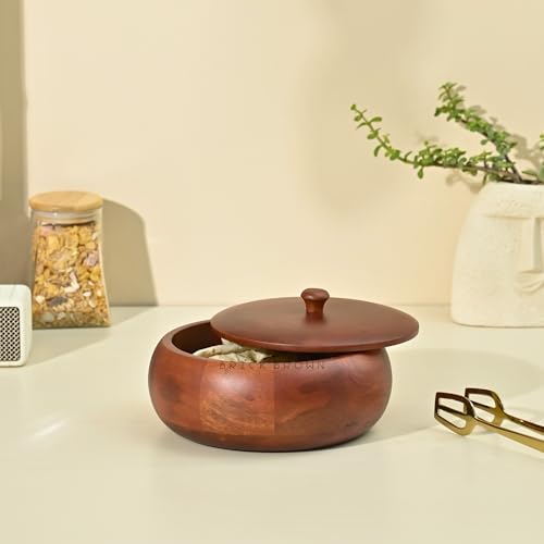 Brick Brown Handcrafted Premium Mahogany Finish Roti Casserole for Kitchen | Round Hot Pot, Roti Dabba with Lid | Casserole, 8.8x8.8x4.3 Inch,Brown,1640 ML,Wood - Image 4