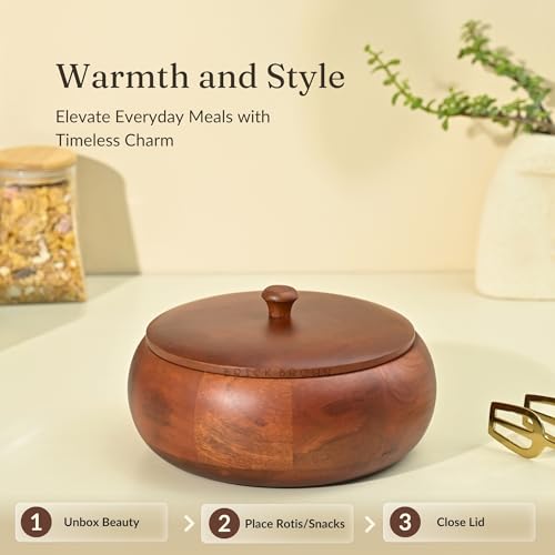 Brick Brown Handcrafted Premium Mahogany Finish Roti Casserole for Kitchen | Round Hot Pot, Roti Dabba with Lid | Casserole, 8.8x8.8x4.3 Inch,Brown,1640 ML,Wood - Image 2