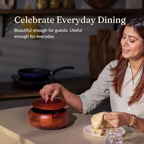 Brick Brown Handcrafted Premium Mahogany Finish Roti Casserole for Kitchen | Round Hot Pot, Roti Dabba with Lid | Casserole, 8.8x8.8x4.3 Inch,Brown,1640 ML,Wood - Image 3
