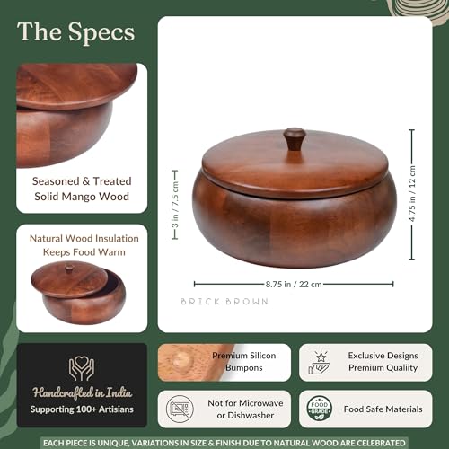 Brick Brown Handcrafted Premium Mahogany Finish Roti Casserole for Kitchen | Round Hot Pot, Roti Dabba with Lid | Casserole, 8.8x8.8x4.3 Inch,Brown,1640 ML,Wood - Image 5