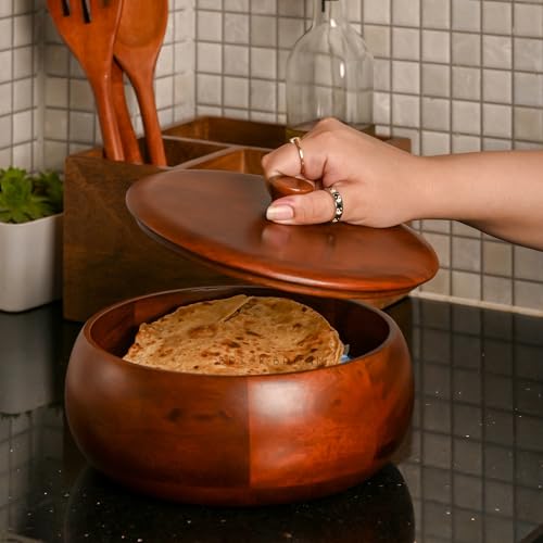 Brick Brown Handcrafted Premium Mahogany Finish Roti Casserole for Kitchen | Round Hot Pot, Roti Dabba with Lid | Casserole, 8.8x8.8x4.3 Inch,Brown,1640 ML,Wood - Image 1