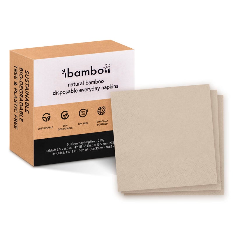 Ibambo Everyday 100% Bamboo Biodegradable Napkins (50-Pack) | Lunch Napkins Disposable for Dinner  Lunch  Events  Occasions & Entertaining | 2-Ply FSC Certified | Bamboo Paper Towels | 6.5 x 6.5 Inch - Image 1