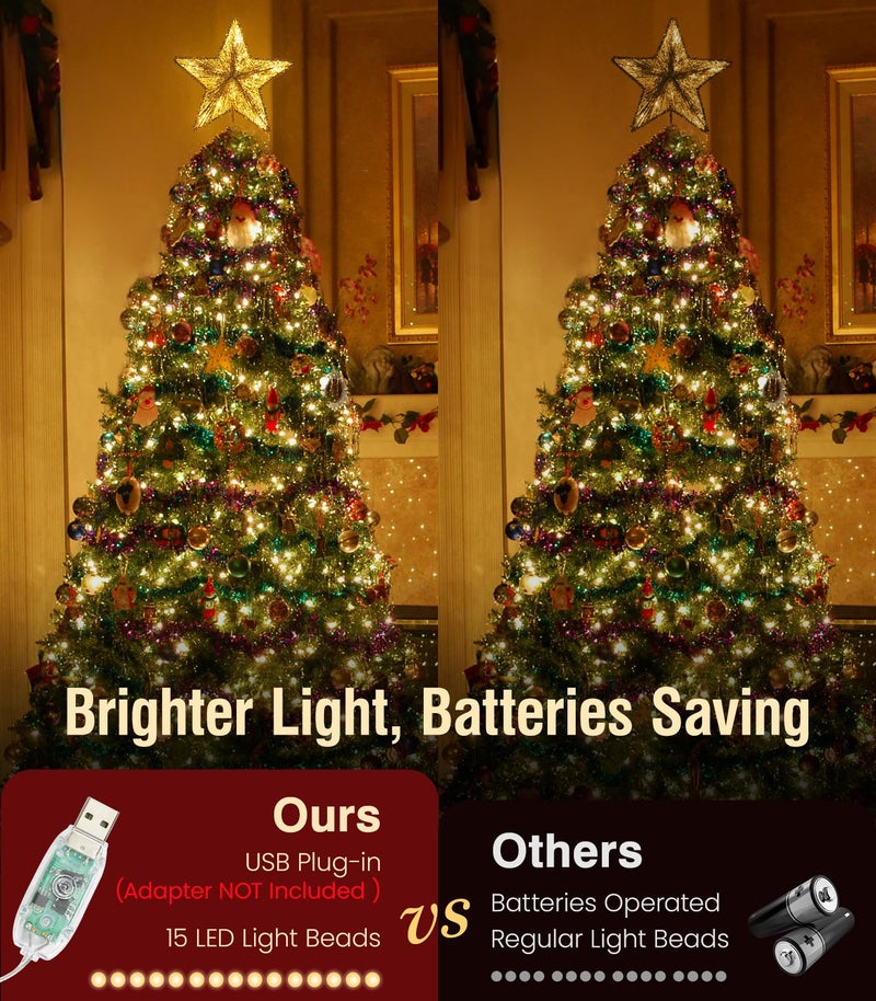 Luxspire Christmas Tree Star Topper  LED Glitter Metal 3D Christmas Decorations Lights  Remote & USB Operated Star Treetop for Home Party  6H Timer & 8 Lighting Modes  Gold - Image 3