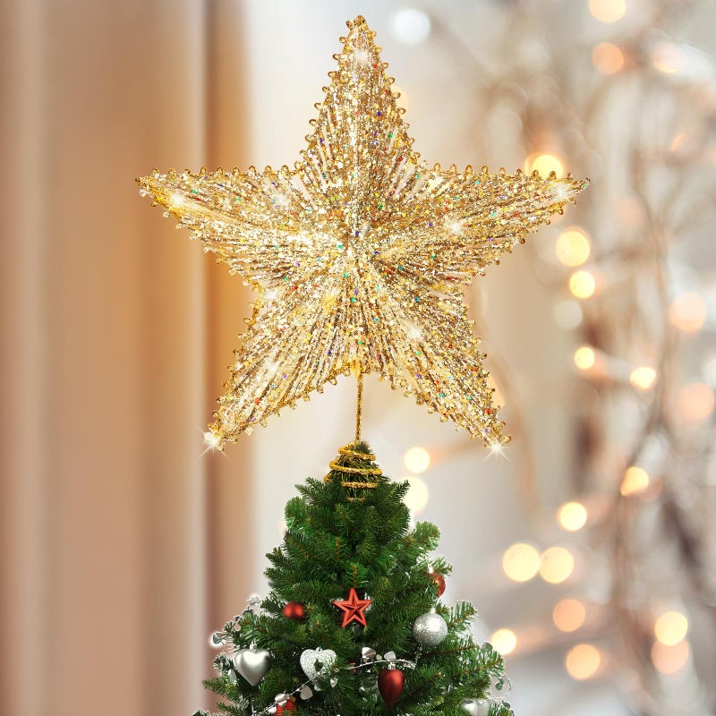 Luxspire Christmas Tree Star Topper  LED Glitter Metal 3D Christmas Decorations Lights  Remote & USB Operated Star Treetop for Home Party  6H Timer & 8 Lighting Modes  Gold - Image 1