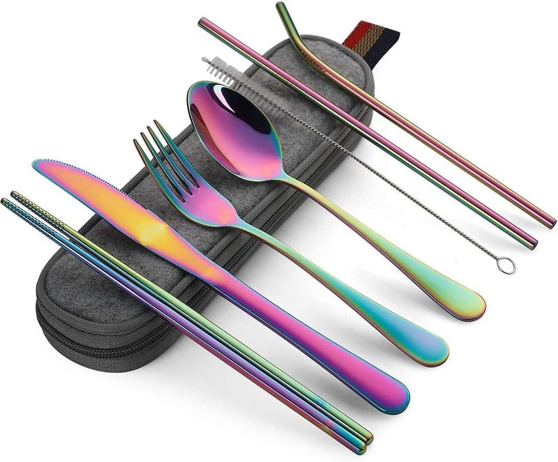 Jaimin Creation Portable Utensils Travel Camping Cutlery Set 8Piece Including Knife Fork Spoon Chopsticks Cleaning Brush Straws Portable Case Stainless Steel Flatware Set Rainbow - Image 1