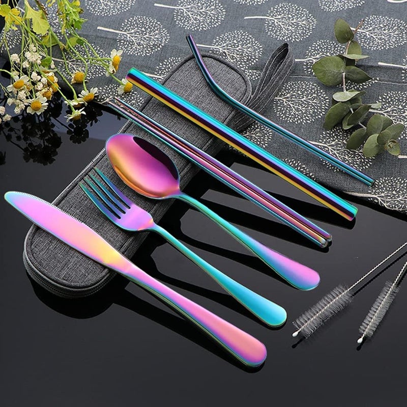 Jaimin Creation Portable Utensils Travel Camping Cutlery Set 8Piece Including Knife Fork Spoon Chopsticks Cleaning Brush Straws Portable Case Stainless Steel Flatware Set Rainbow - Image 2
