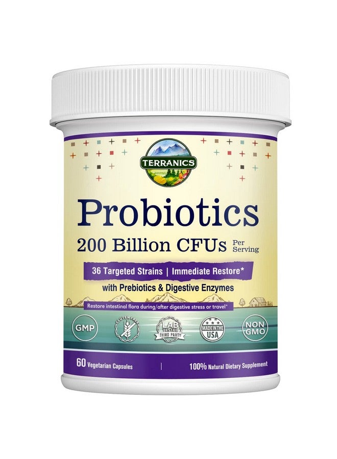 Terranics Daily Probiotics For Men & Women 200 Billion 36 Strains Immediate Restore Probiotics With Prebiotics & Enzymes Healthy Regularity Delayed Release Shelf Stable 60 Veggie Caps - Image 1