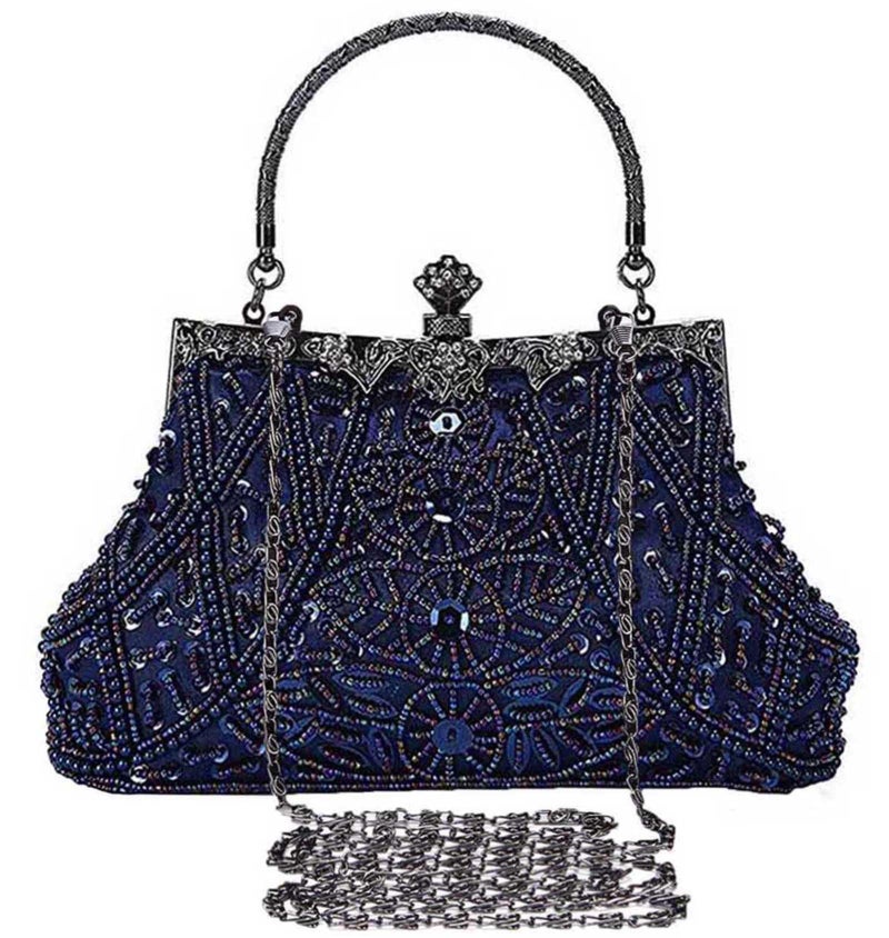 Selighting 1920s Vintage Beaded Clutch Evening Bags for Women Formal Bridal Wedding Clutch Purse Prom Cocktail Party Handbags Navy Blue - Image 1