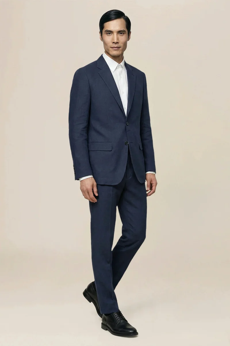 دوبل غانغر Men's single-breasted suit in 100% linen, regular fit - DK Blue