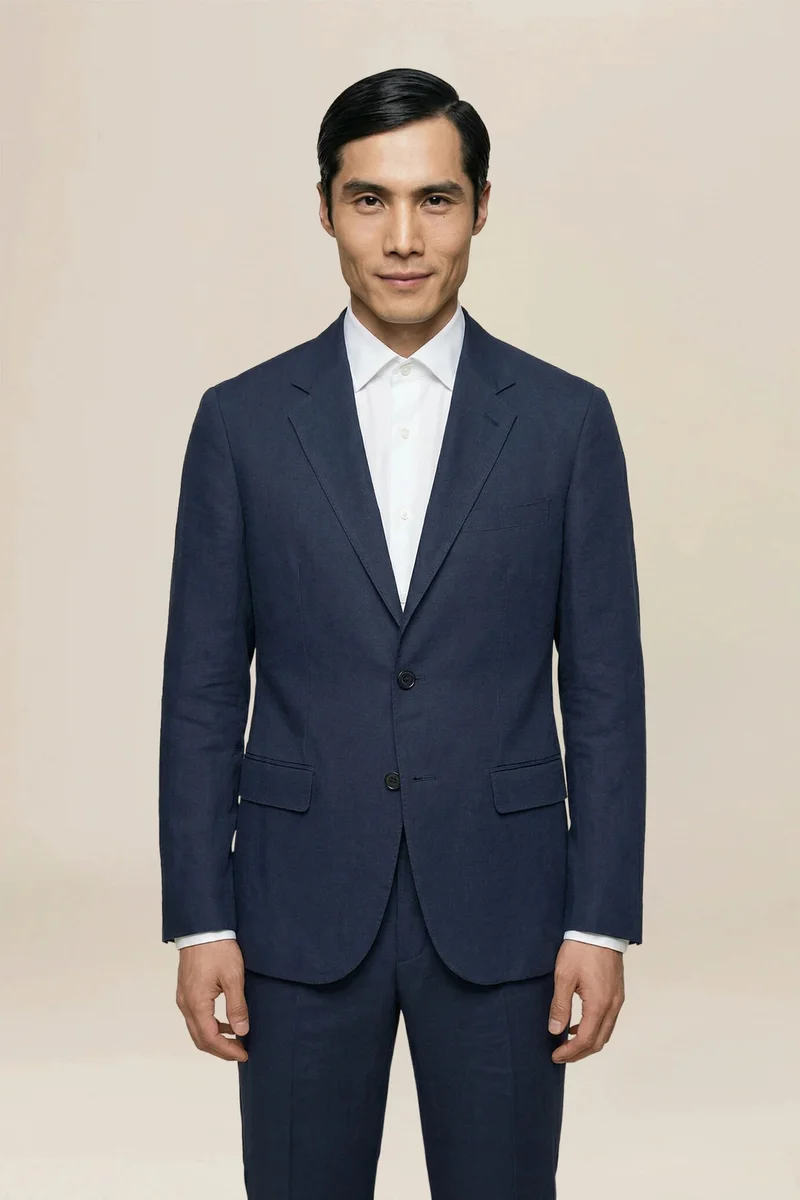 دوبل غانغر Men's single-breasted suit in 100% linen, regular fit - DK Blue