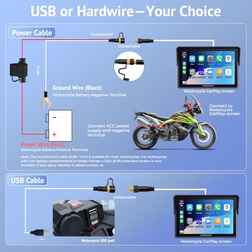 Wonsidary 5" Motorcycle CarPlay Wireless for Apple CarPlay & Android Auto,W522 Car Play Motorbike Waterproof Touch Screen with Dual Bluetooth,GPS Navigation,Siri/G-Assist,EQ,USB/Hardwired Power Supply - Image 5