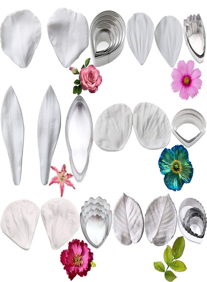 Colorkitchenware 6set Gumpaste Flower Molds and 6set Gumpaste Flower Cutters- Fondant Tools Kit Stainless Steel Cookie Cutter Set Paste Silicone Veining Mold for Wedding,Birthday Cake Decorating - Image 1