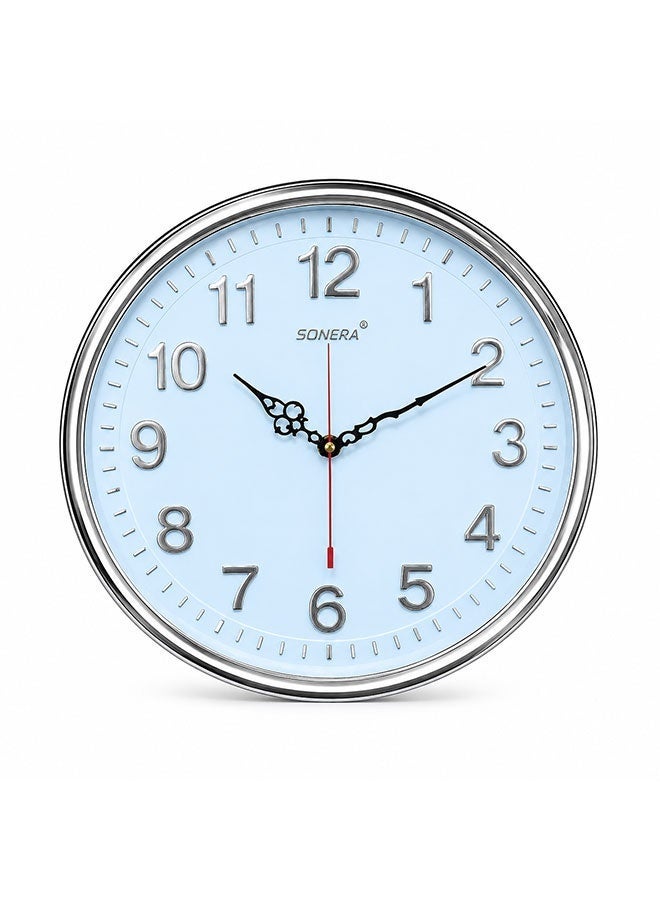 SONERA Round Light Blue Wall Clock with Silver Frame and Numbers - Image 1