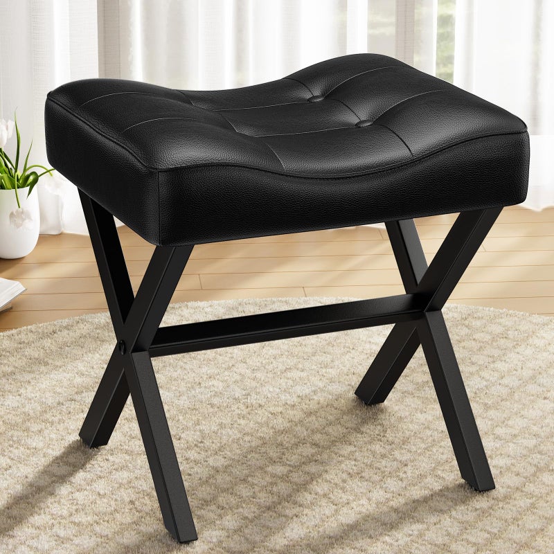 Memobarco 18-Inch Large Leather Vanity Stool, Vanity Chair with Metal X-Leg, Ottoman Accent Stool with Thick Padded Saddle Seat, Black - Image 1