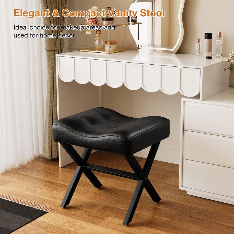 Memobarco 18-Inch Large Leather Vanity Stool, Vanity Chair with Metal X-Leg, Ottoman Accent Stool with Thick Padded Saddle Seat, Black - Image 5