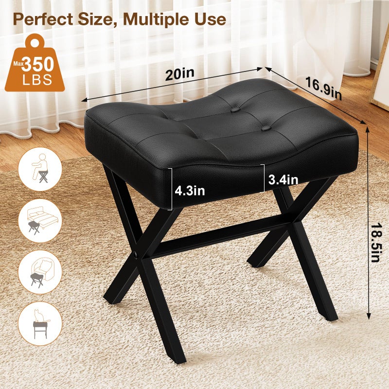 Memobarco 18-Inch Large Leather Vanity Stool, Vanity Chair with Metal X-Leg, Ottoman Accent Stool with Thick Padded Saddle Seat, Black - Image 2